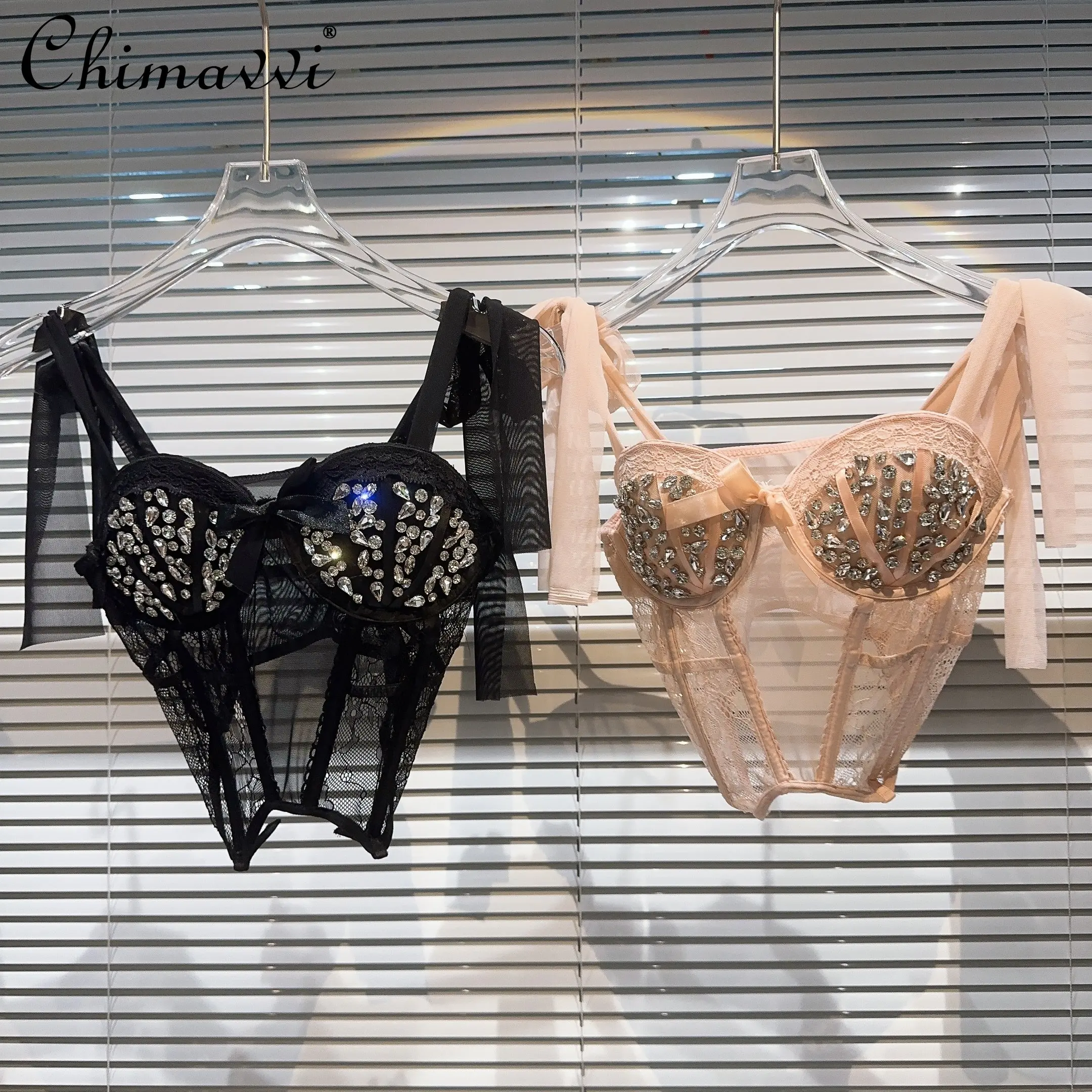 

Camisole Women's Summer Fashion Sexy Socialite Particle Diamond Mesh Micro Transparent Fishbone Chest Pad Camisole Ladies Tanks