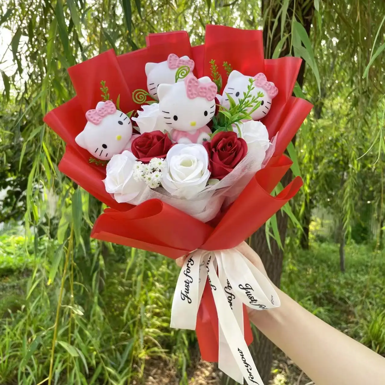 Cartoon Hellokitty Cat With Artificial Flowers Plush Doll Toy bridal bouquet Flower Bouquet Valentine Christmas Graduation Gifts 5