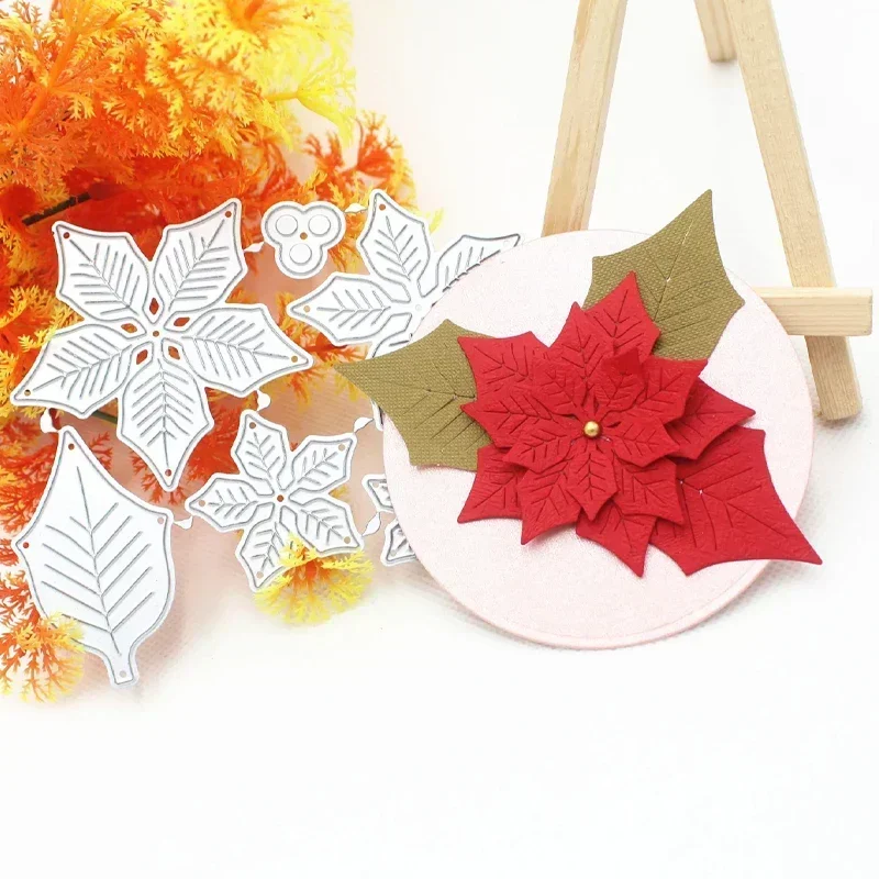 Christmas Poinsettia 3D Flowers Leaf Metal Cutting Dies Stencils DIY Scrapbooking Cards Making Embossing Handmade Craft Die 2024