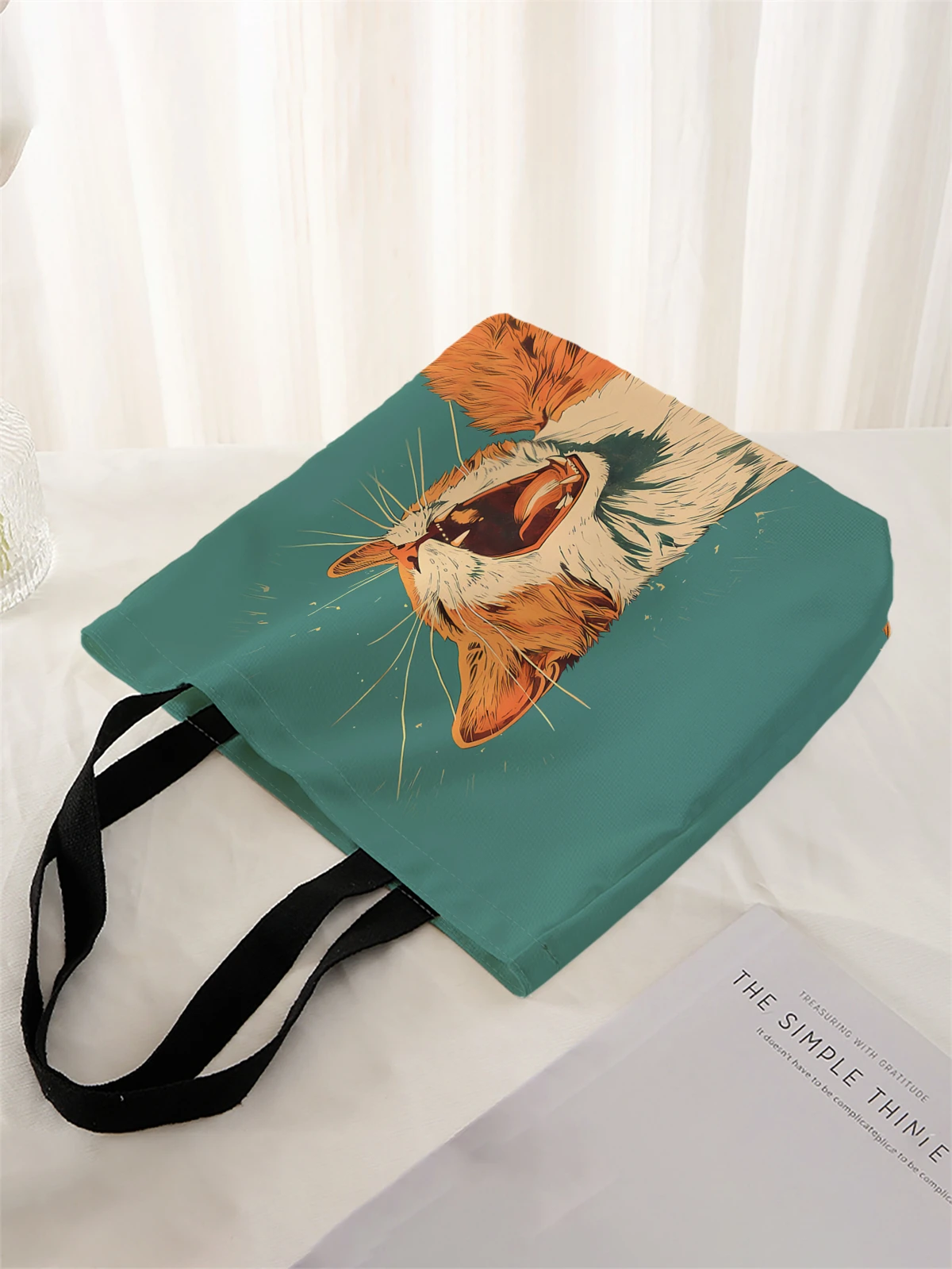 1 piece, cat pattern handbag, reusable fashionable handbag, multifunctional handbag, printed canvas shopping bag
