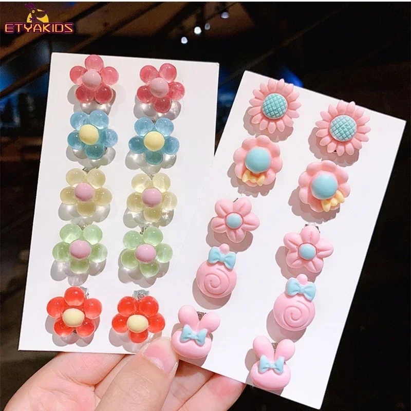 No Ear Holes Children Earrings Ear Clips Princess Girls Cute Flower Pain Proof Studs Fashion Kids First Jewelry Gifts 10Pcs