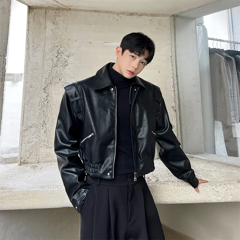Fashion Men Motorcycle Leather Jacket Lapel Long Sleeve Zipper Solid Casual Coat Streetwear Korean Stylish Crop Jackets
