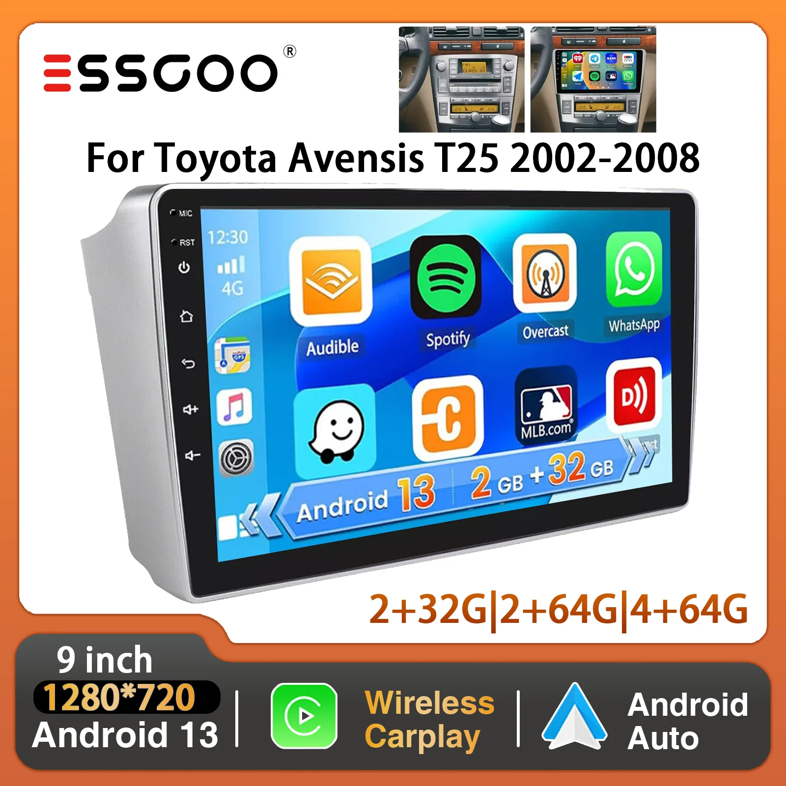 ESSGOO 9" Touchscreen 2 DIN 4 Kerne Wireless CarPlay Android Auto Autoradio Radio Android 13 WIFI BT FM RDS GPS Für Toyota Avensis 2002-2008 Multimedia Video Player