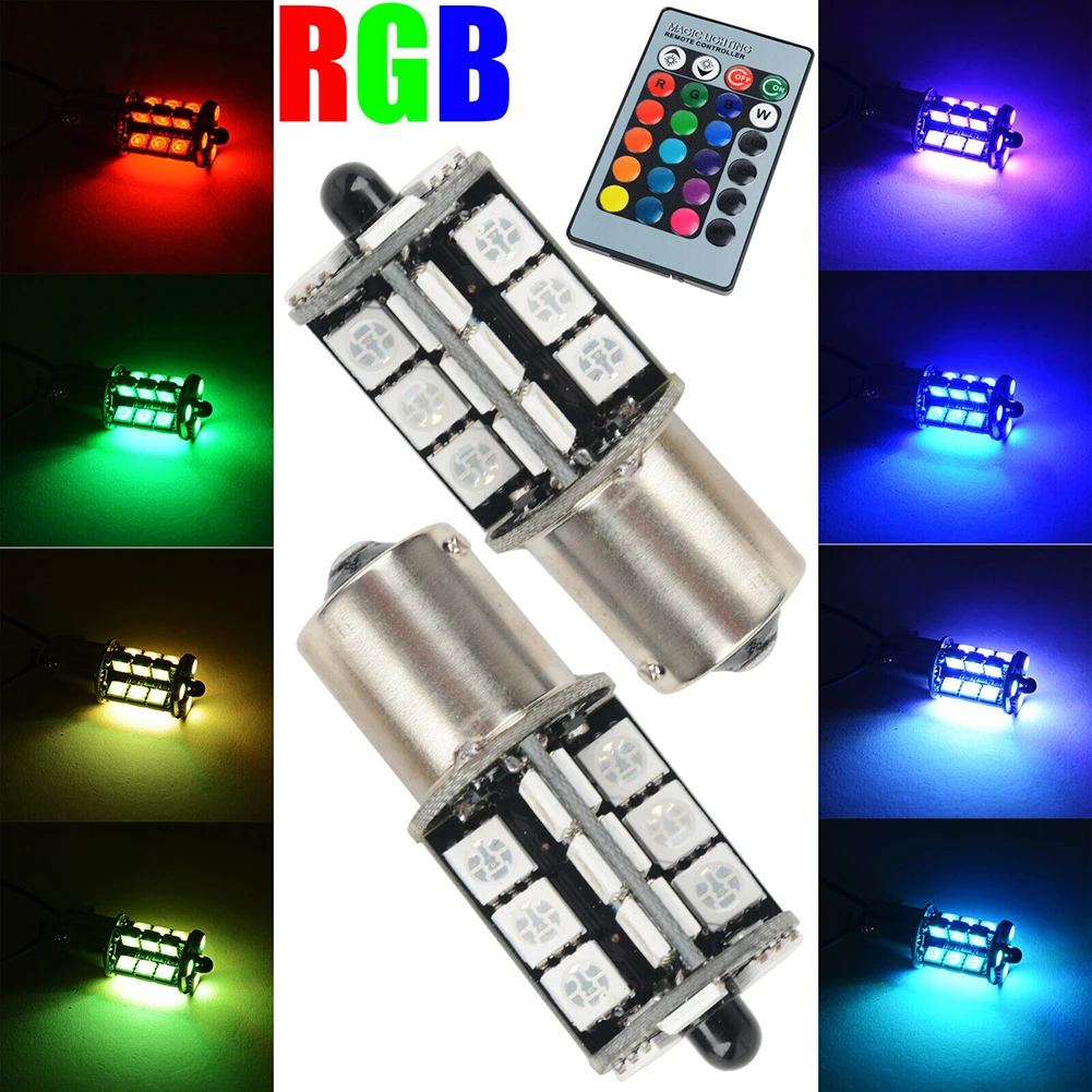 

Universal 2PCS 12V RGB Interior LED Bulb 1156 5050 27LED Decoration DRL Fog Light Bulbs+Remote Control RGB Multi-Color