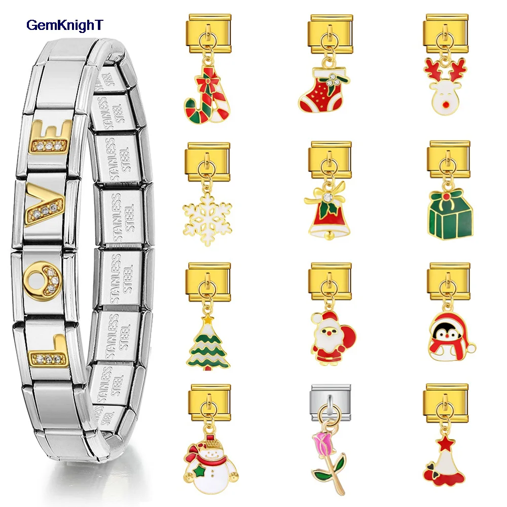 Elastischer Charm-Anhänger, roter Weihnachts-Elch, Hüte, Socken, Schneeflocken, Edelstahl-Glieder, passend für 9 mm Armbänder, DIY-italienischer Schmuck – Detail 1