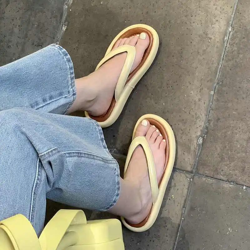 

Vichelo Hot Cow Leather Flip Flops Thick Bottom Young Lady Beach Streetwear Fashion Solid Simple Style Cozy Outside Slippers L91