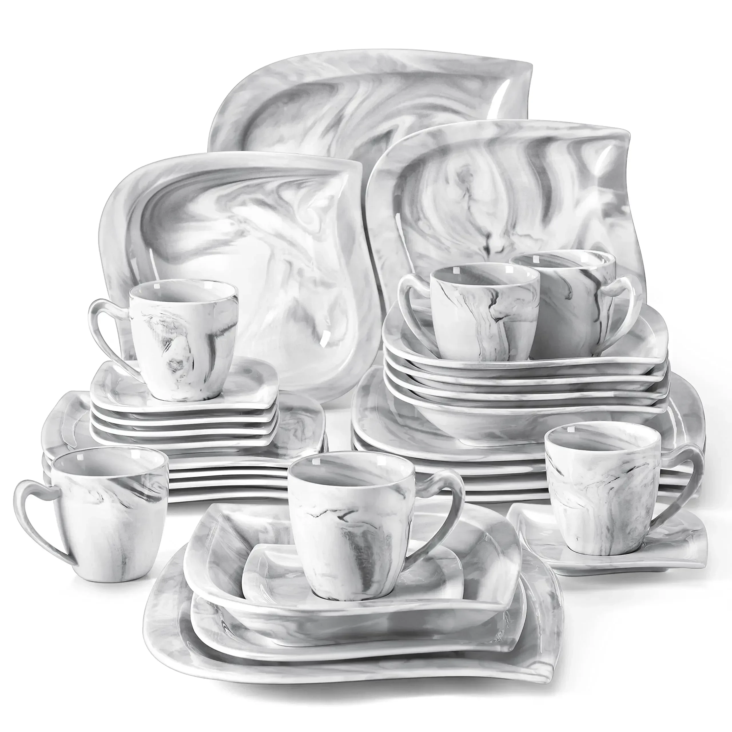 MALACASA Dinnerware Sets for 6, 30 Piece Porcelain Plates and Bowls Sets, Marble Dish Set with Dinner Plate Set, Cup and Saucer,