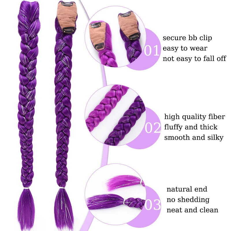 Purple Braided Hair Ponytail Extensions for Kids Shiny Purple Braids with Tinsel Hair for Kids Party Cosplay Use Purple Wig Hair