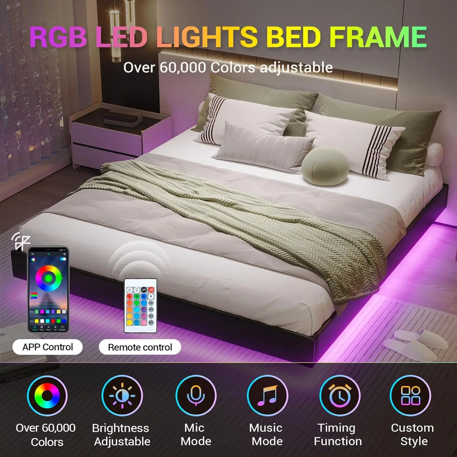 California King Floating Bed Frame with LED Lights Faux Leather Upholstered Cal King Size Platform Bed Frame No Headboard Black 4