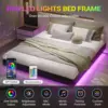 California King Floating Bed Frame with LED Lights Faux Leather Upholstered Cal King Size Platform Bed Frame No Headboard Black 4