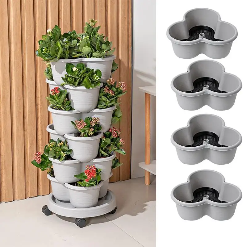 4 Levels Plant Tower Stackable Vertical Flower Pot With Movable Tray Stackable Strawberry Planter Vegetables Plant Pot Frame