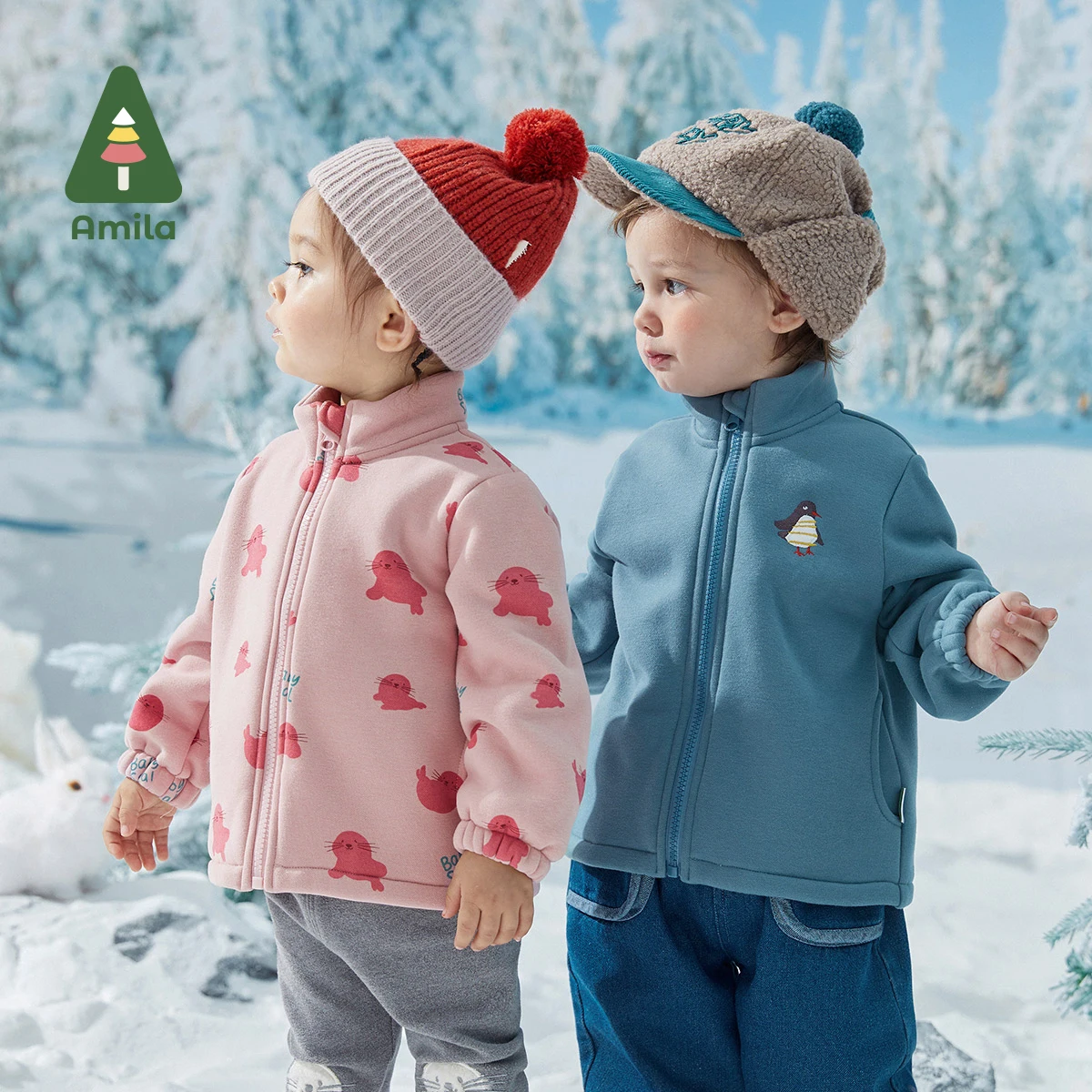 Amila Baby Two-piece Sets Warm Coat Winter Boys and Girls Print Windproof Casual Jacket Children's Outwear Clothing