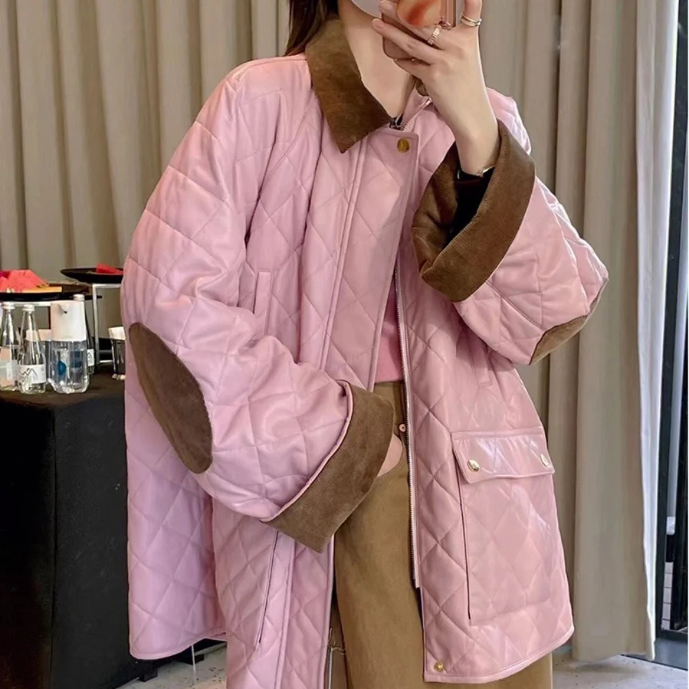 다이아몬드 무늬 체크 무늬 단백질 가죽 패딩 재킷 여성용, 가을 겨울 신상
