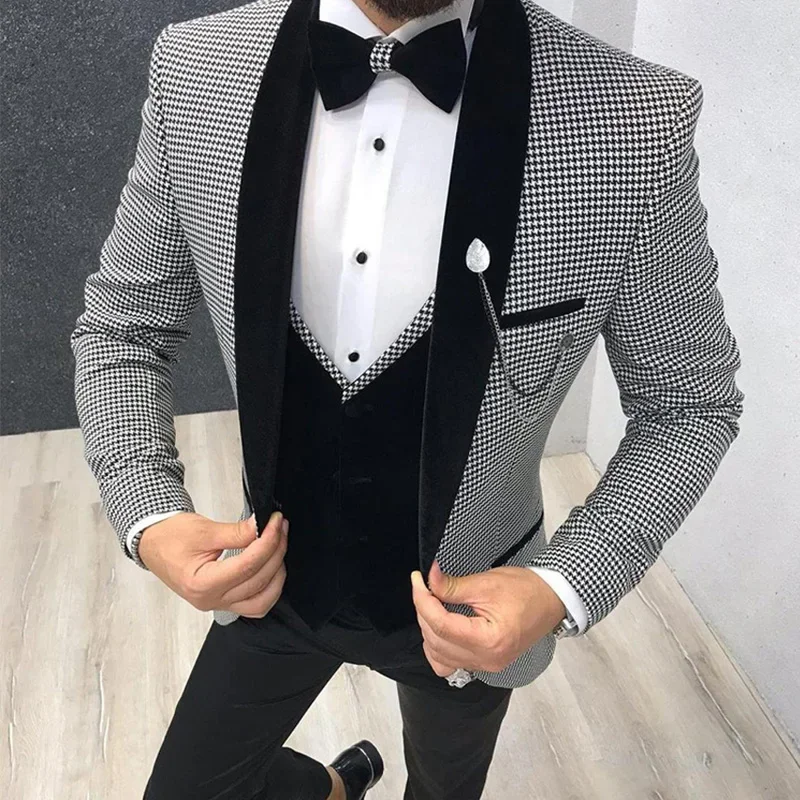 3 Pcs Houndstooth Men Suit Slim Fit for Dinner Prom Tailor Groom Wedding Tuxedo Best Male Fashion (Jacket + Pants + Vest)