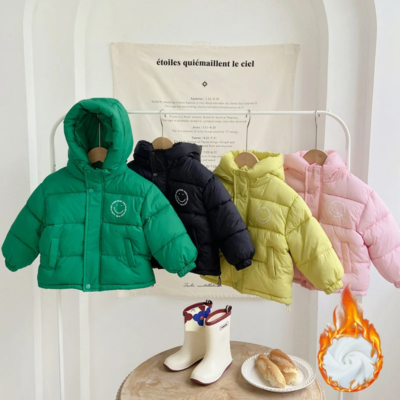 

Children's Jacket Winter Thicked Coat for Girls Boy Down Cotton Padded Baby Snowsuit Clothing Hooded Smile Face Outerwear Fleece