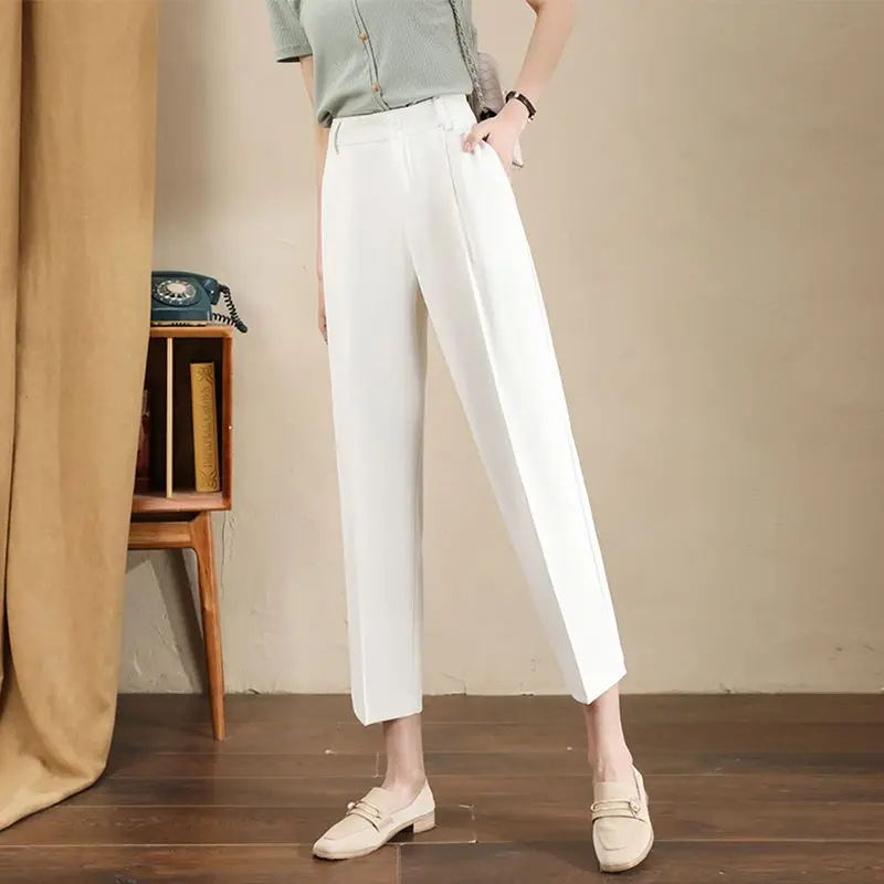 2024 New Summer Casual Loose Oversize Minimalist Commuting High Waisted Slimming Pocket Solid Color Versatile Cropped Pipe Pants