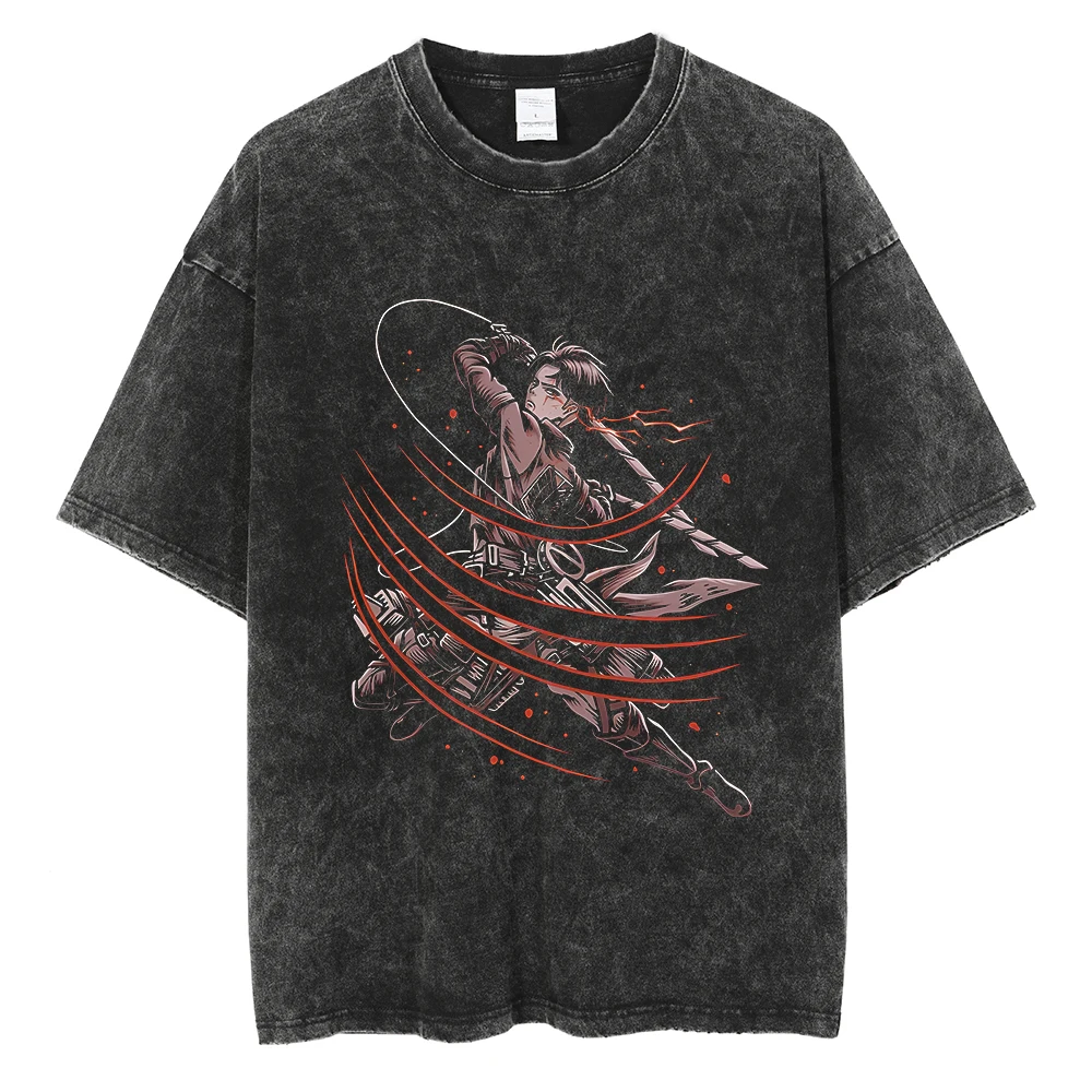 2026 Anime Attack on Titan Eren Jaeger Printed T-shirt Men's and Women's Washed T-shirt High Quality Vintage Cotton T-shirt Top