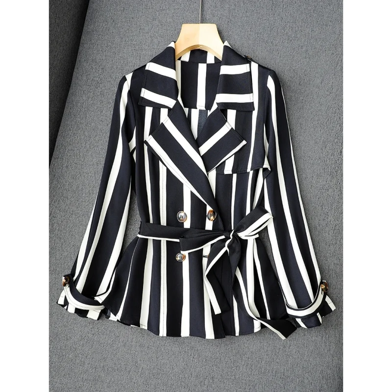 

Birdsky, Fall 1PC Women trench blazer windbreaker windcoat overcoat jacket outer wear 100% real silk stripe, S-865