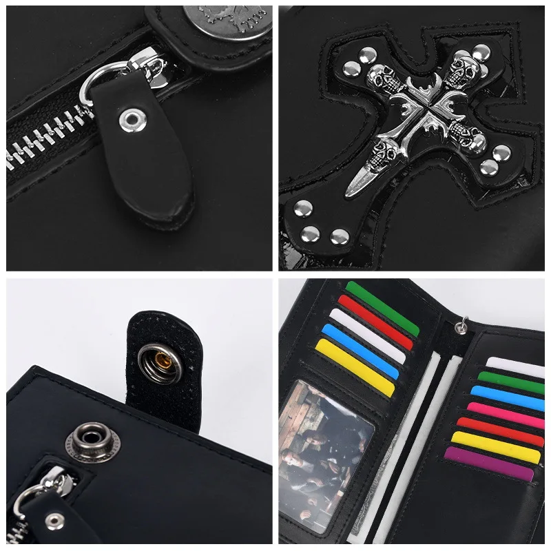 New Fashion Skull Men's Wallet Retro Cross Anti Theft Chain Rivet Wallet Large Capacity Genuine Leather Zero Wallet