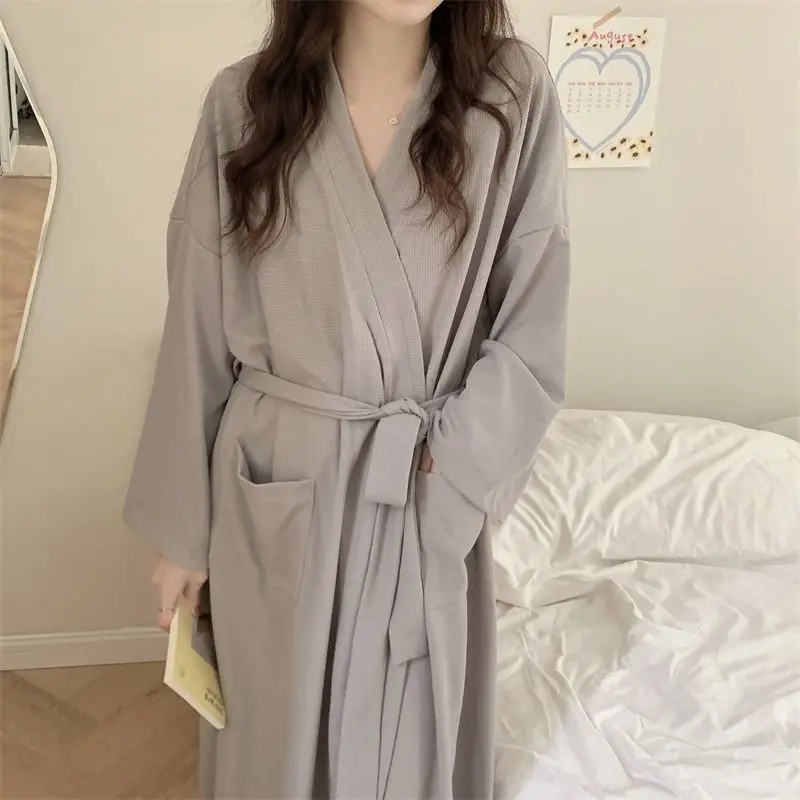 

Bathrobe Women's Simple Color Waffle Sweetheart Nightgown Autumn And Winter New Kimono Long Home Fury Pajama Outwear Robe Xxl