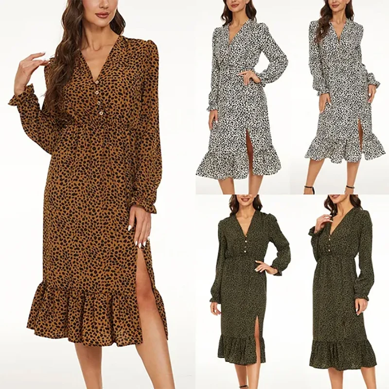 

New Women's Casual Dresses Fashion V-neck Slit Leopard Print Long-sleeved Shirt Party Dress