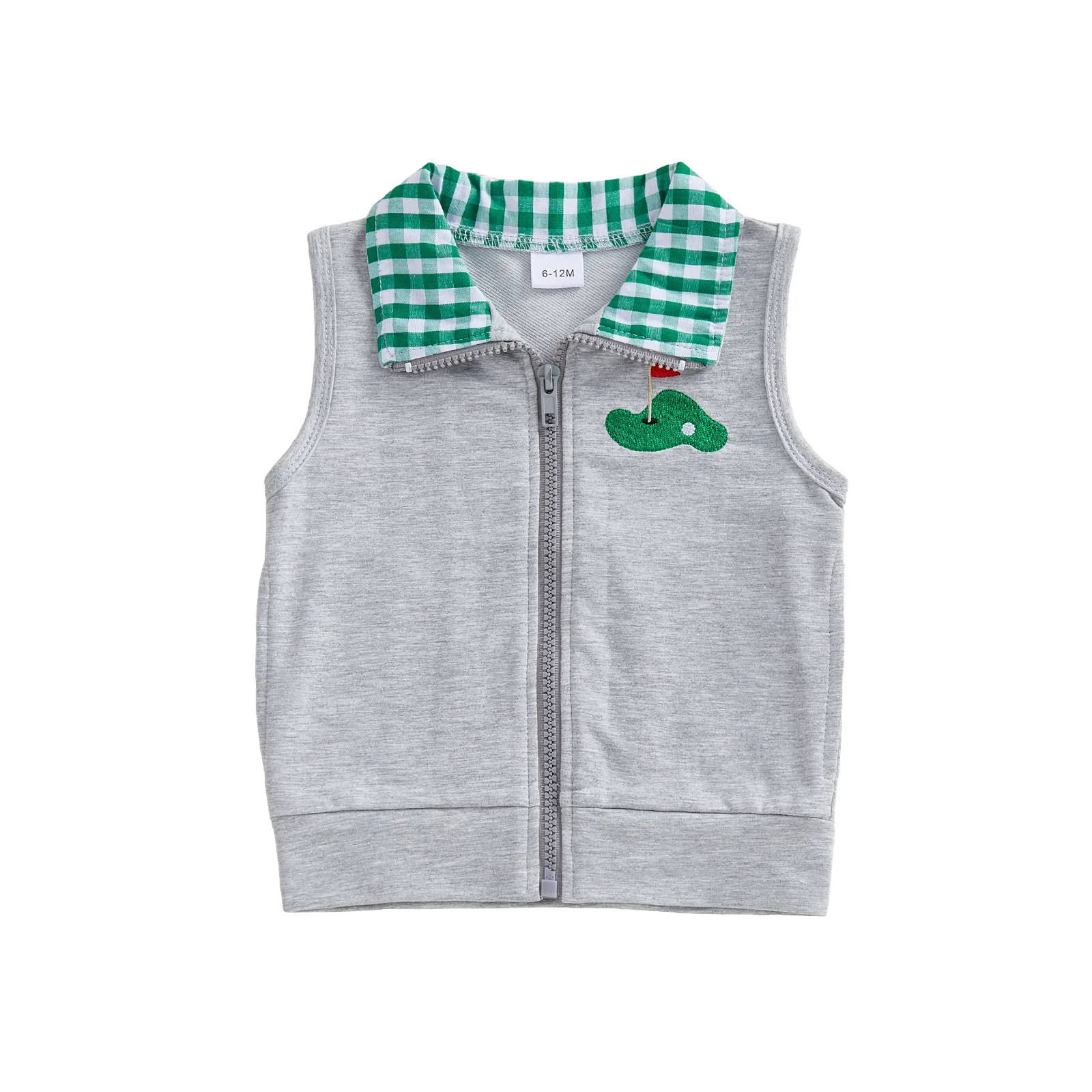 Infant Toddler Unisex Sleeveless Coat with Lapel Collar and Golf Embroidery Zipper Closure Outerwear for Boys and Girls