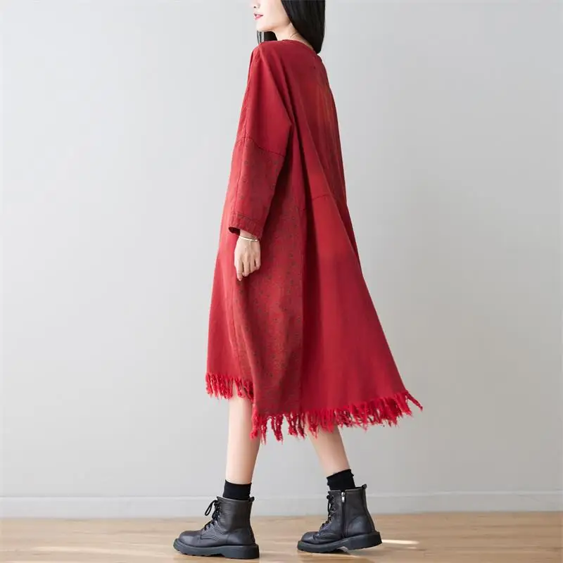 

Vintage Red Dress Oversize Loose Long Length Washed Denim Tassels Robes Lady Fashion Pullover Dresses