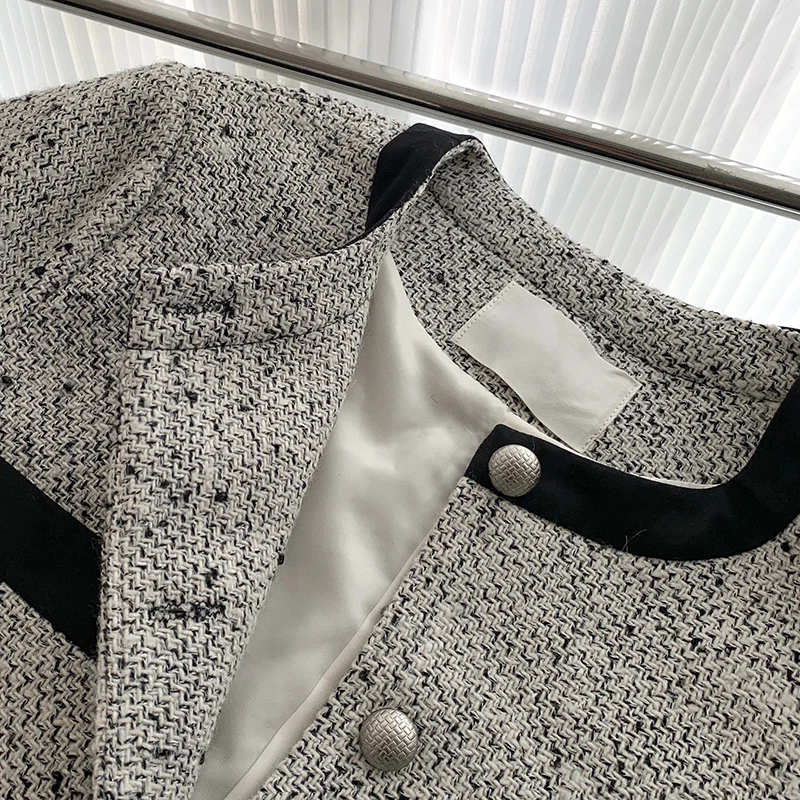 QOERLIN Quality Tweed Jacket Coat Women 2023 Fall Winter Long Sleeve Blazer Korean Fashion Single-Breasted Elegant Office Ladies