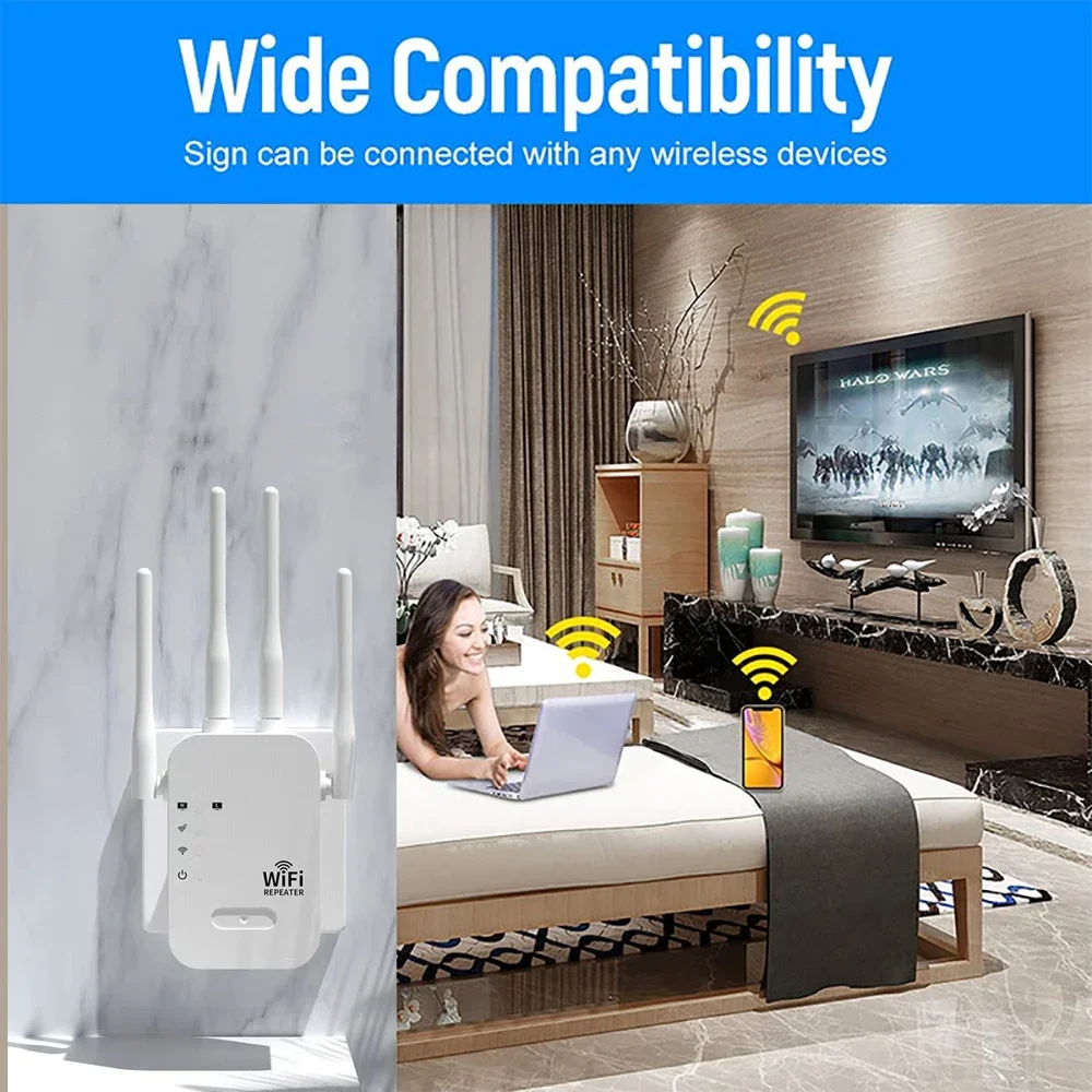Ampli Wifi Compatible Toutes Box 1200Mbps Double Bande - Amplificateur Couvre 1200m² Avec 6 Antennes - Compatible Toutes Box Répéteur WiFi Couverture WiFi Grande Maison