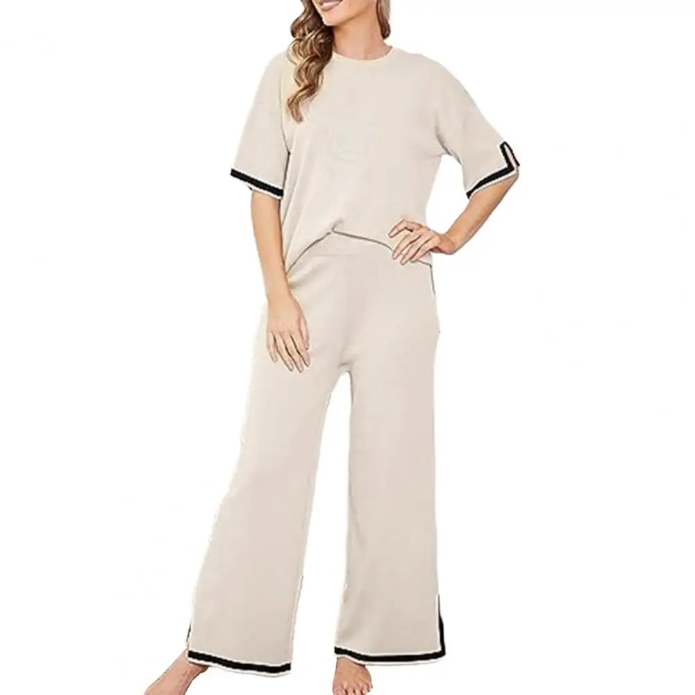 

Side Split T-shirt Wide Leg Pants Set Chic Comfy Women's Knit Lounge Sets O-neck T-shirt High Waist Pants with Wide Legs Side
