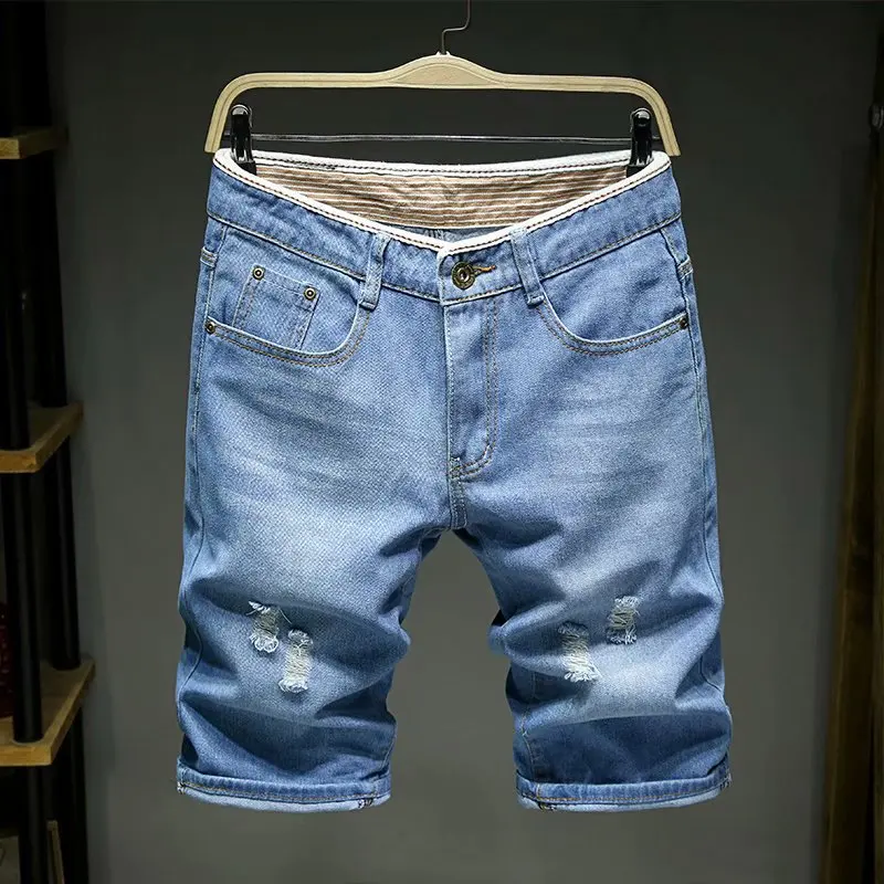 Hommes Denim Shorts été nouveau Style Section mince Force élastique coupe ajustée jean court mâle marque vêtements bleu clair rétro bleu