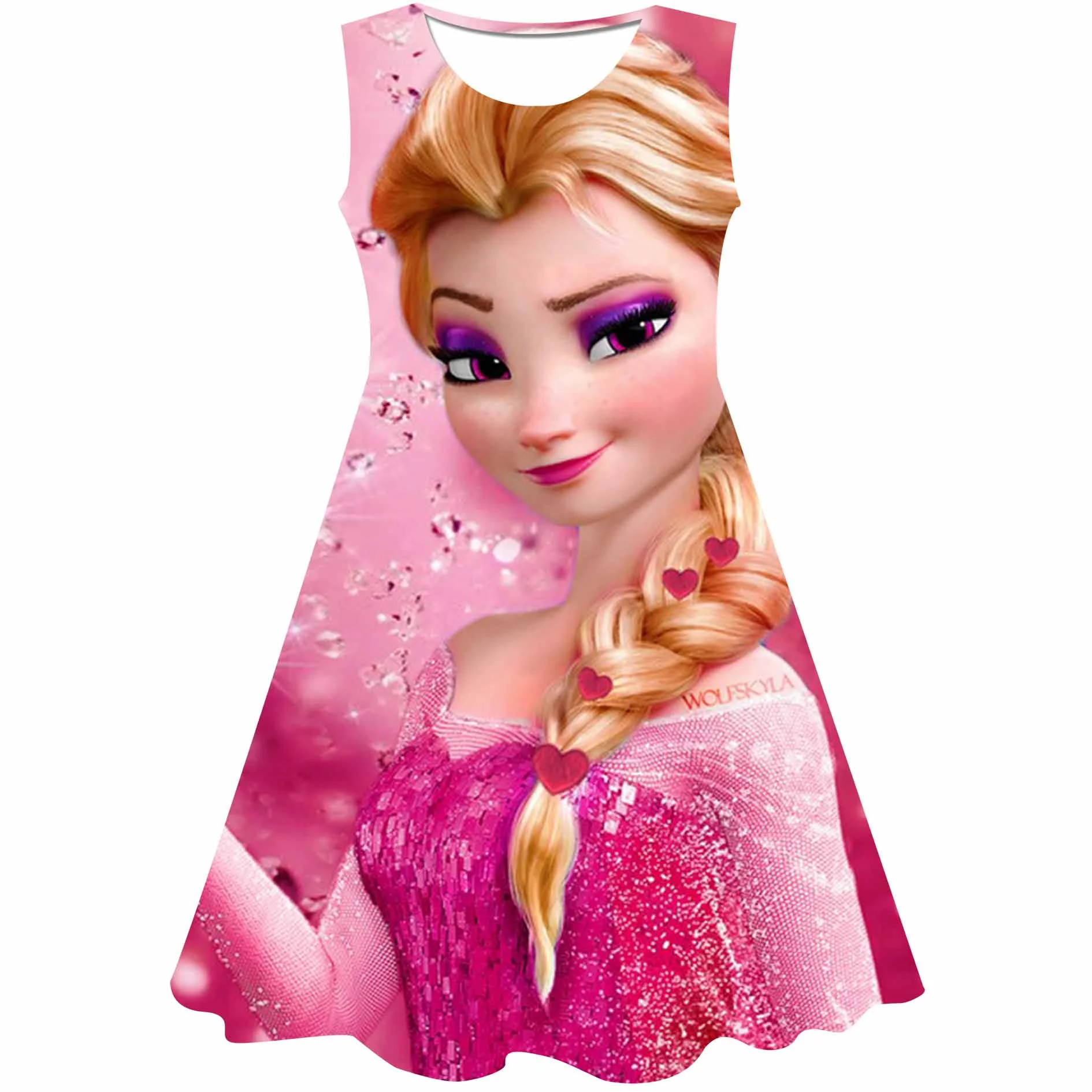 Summer Disney Girl Frozen Elsa Princess Print Party Dress Senza Maniche O-Collo Midi Dresses Cute Sweet Girl'S Clothing Dress