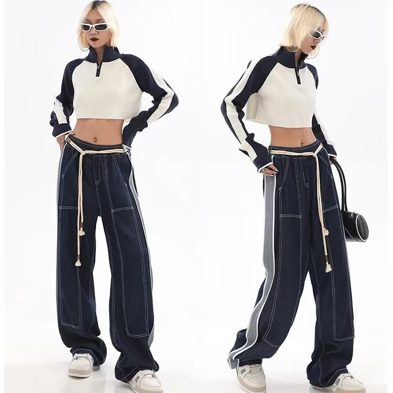 High Street Hip Hop Straight Jeans Women Vintage Spliced Elastic Waist Streetwear Pants Oversize Loose Casual Wide Leg Trousers