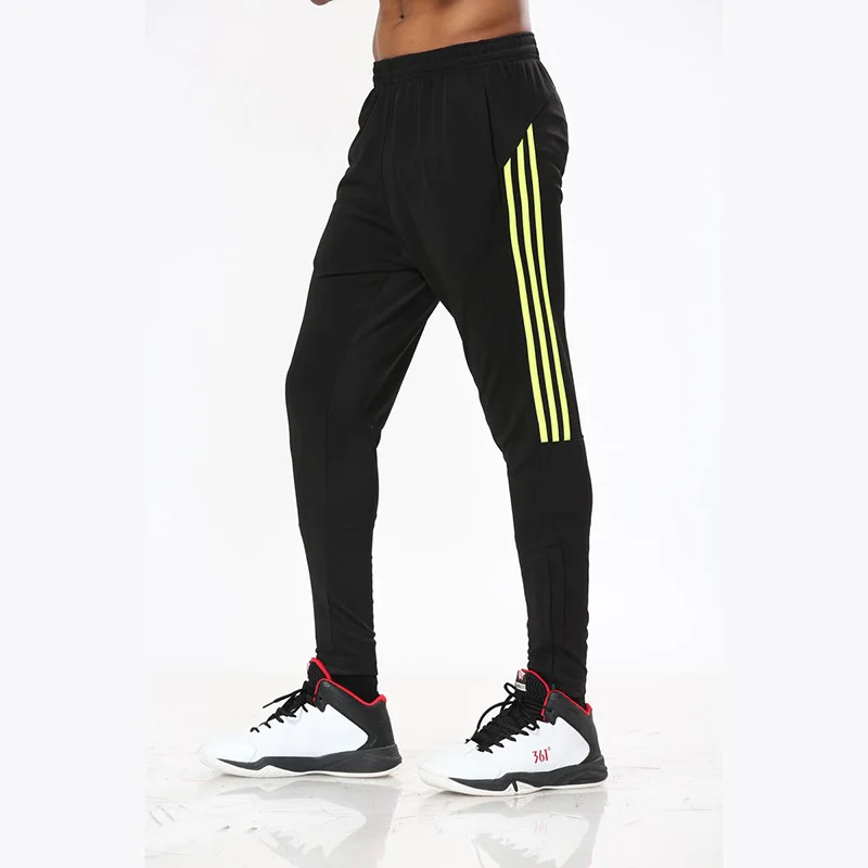Men's Winter Training Black Pants with 3 lines Quick Dry Skinny Pants Adult Football Training Long Pants with Leg Slit Zippers