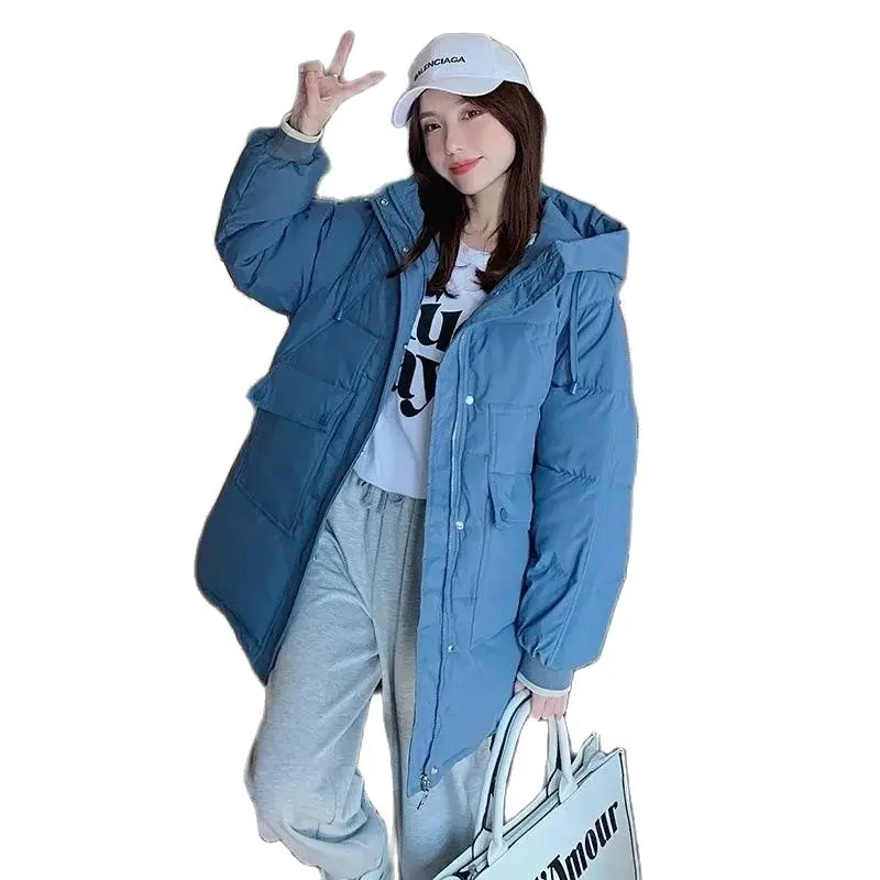 

Down Padded Cotton Winter Jackets 2022 New Women's Parka Long Sleeve Pockets Hooded Casual Coats Solid Loose Outwear Female Tops