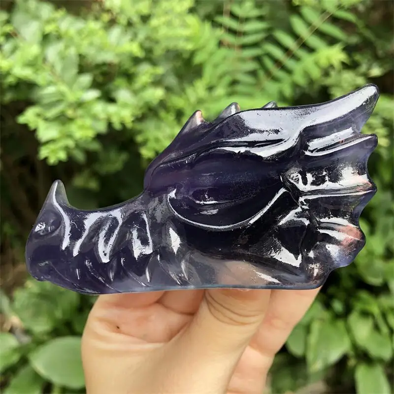 

Natural Purple Fluorite Dragon Head Skull Carved Gemstone Crystal Figurine Powerful Statue For Room Decor
