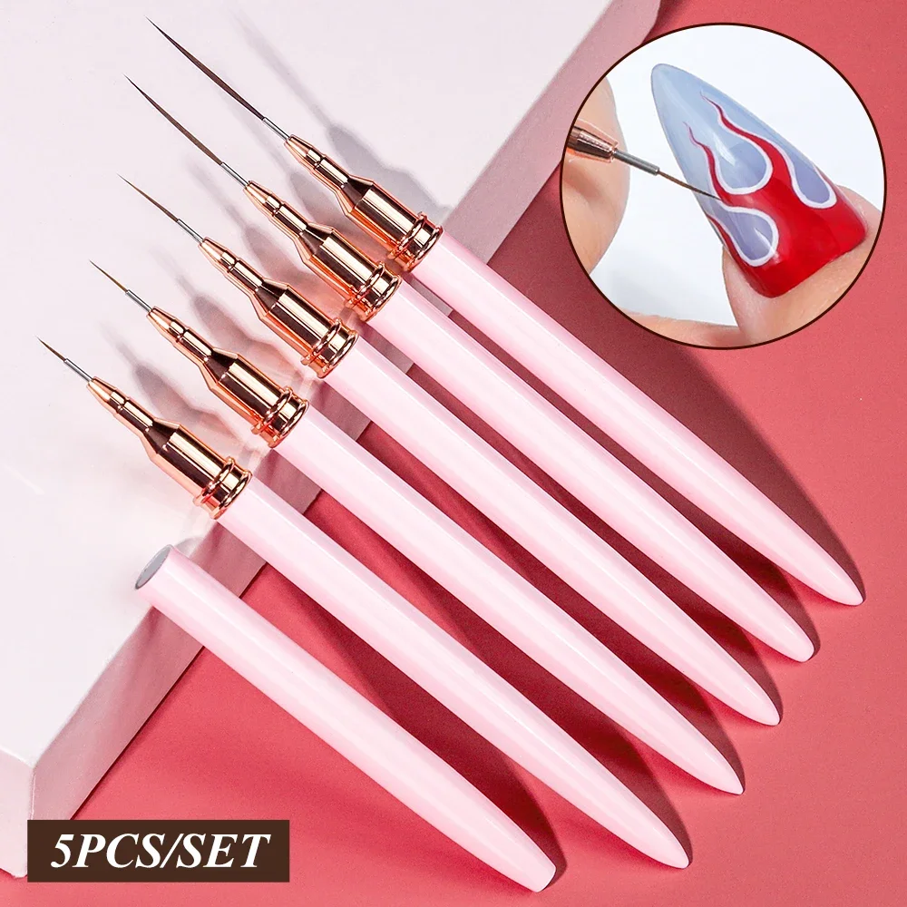 5 Pcs Nail Art Liner Brushes Set Elongated Lines Striping Drawing UV Gel Painting Nail Design Pen Professional Manicure Tool