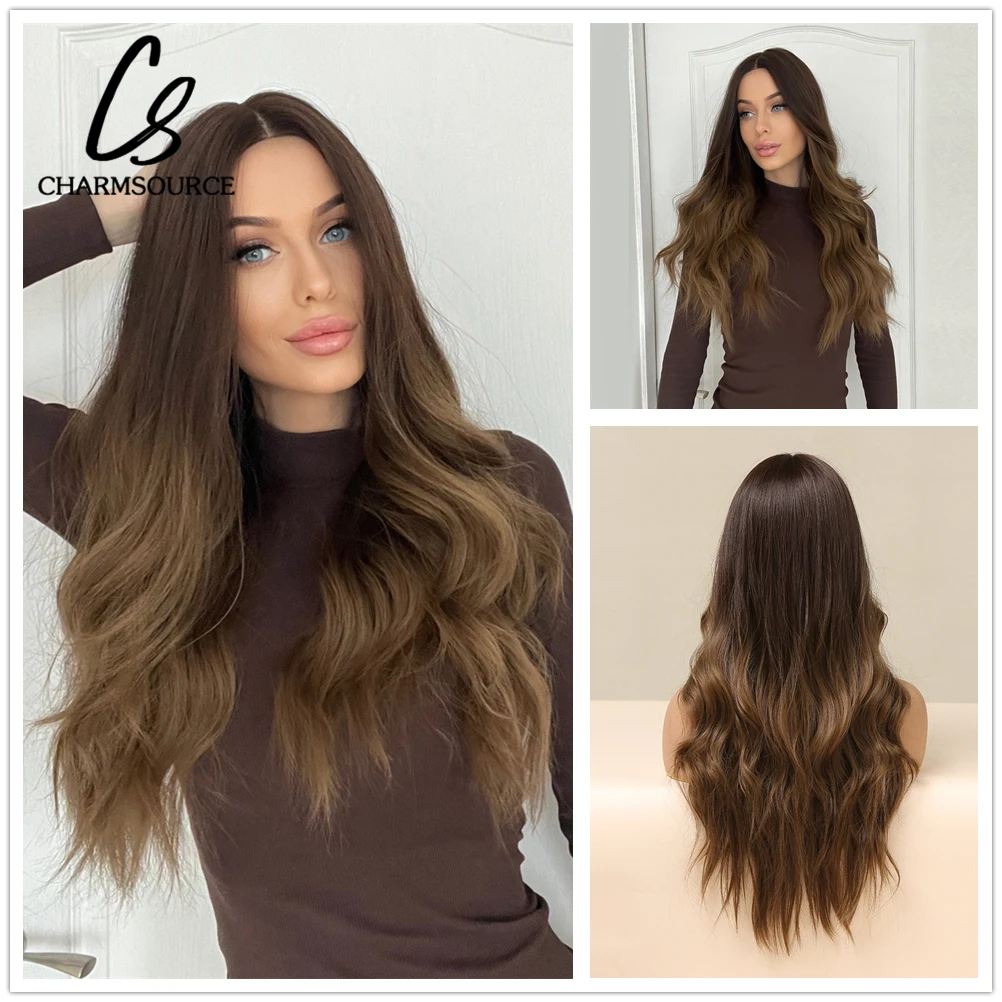 

CharmSource Long Natural Wavy Front Lace Wigs Brown Ombre Synthetic Wigs for White Black Women Daily Party Wedding Hair Glueless