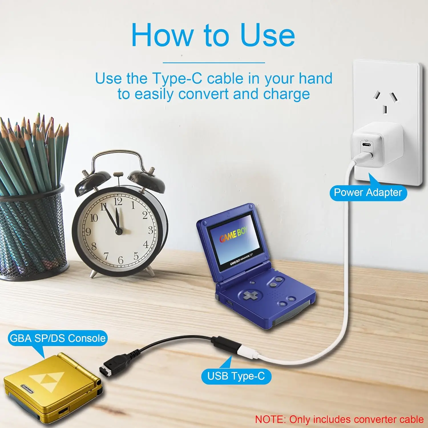 게임보이 어드밴스 SP 충전기용 USB-C, 닌텐도 DS 및 게임보이 어드밴스 GBA SP 콘솔용 USB 타입 C 어댑터 충전 케이블