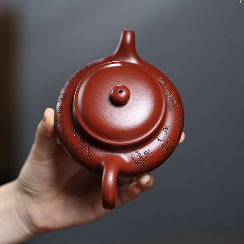 Chinese Style Plum blossom carving Teapot, Purple Clay Raw ore Dahongpao, Kung Fu Household, Pure Handmade, 260ML, Tea Pots, 1Pc