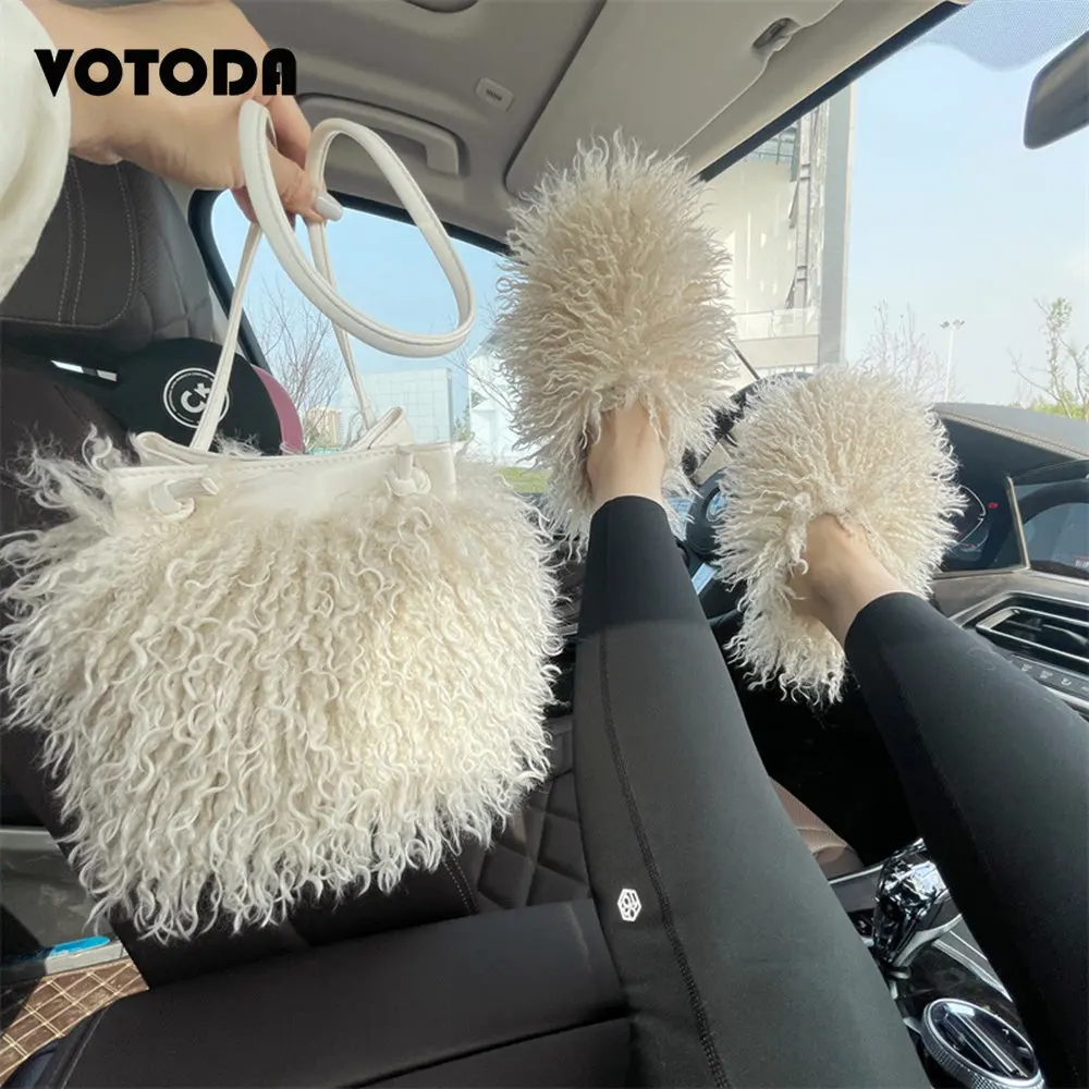 

Luxury Mongolian Fur Slippers Faux Wool Fluffy Fur Slides Home Flat Flip Flop Cute Furry Tassel Handbag Women Shoes Shoulder Bag