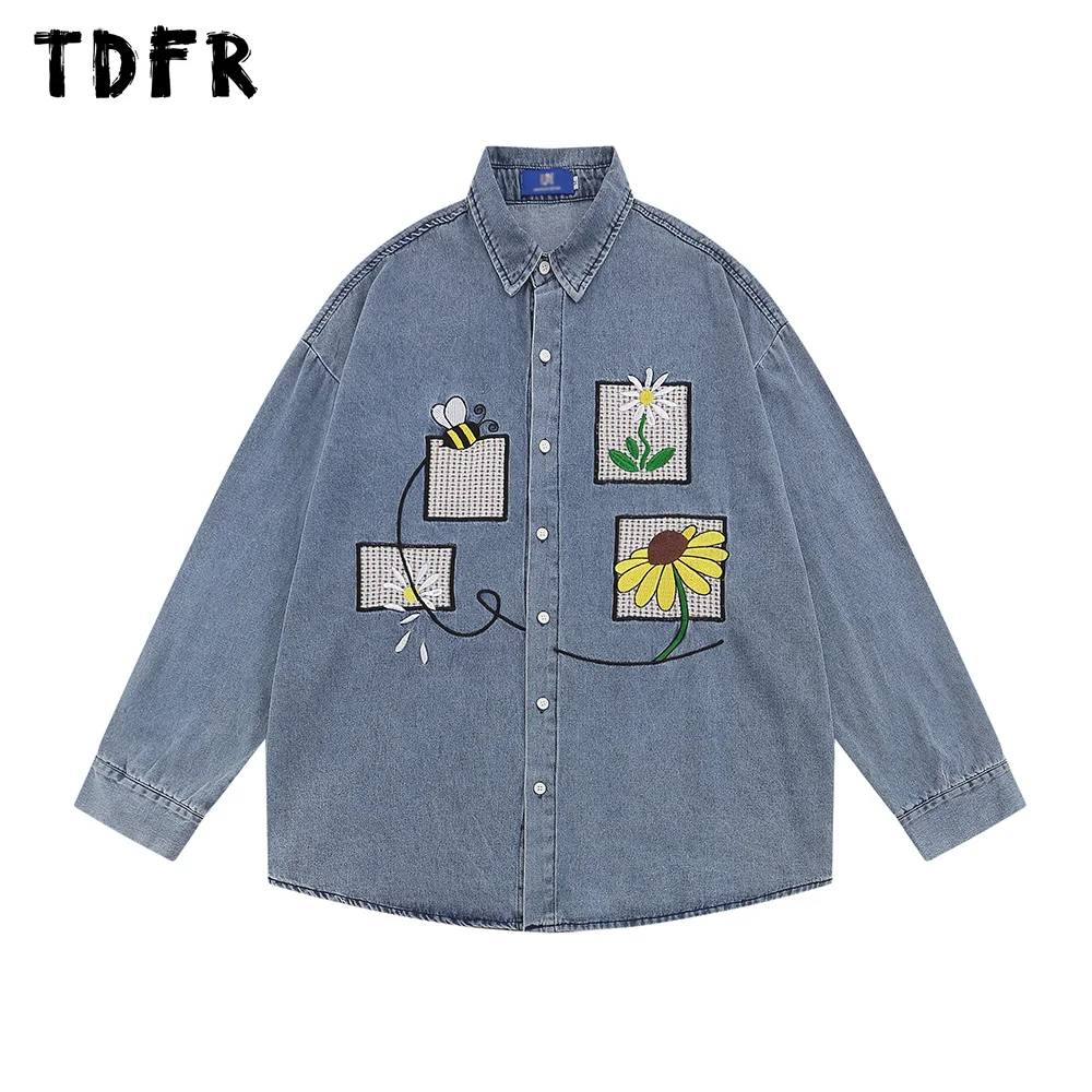 

Daisies Embroidery Denim Shirts Autumn Long Sleeve Casual Loose Single Breasted Lapel Shirts Men Top
