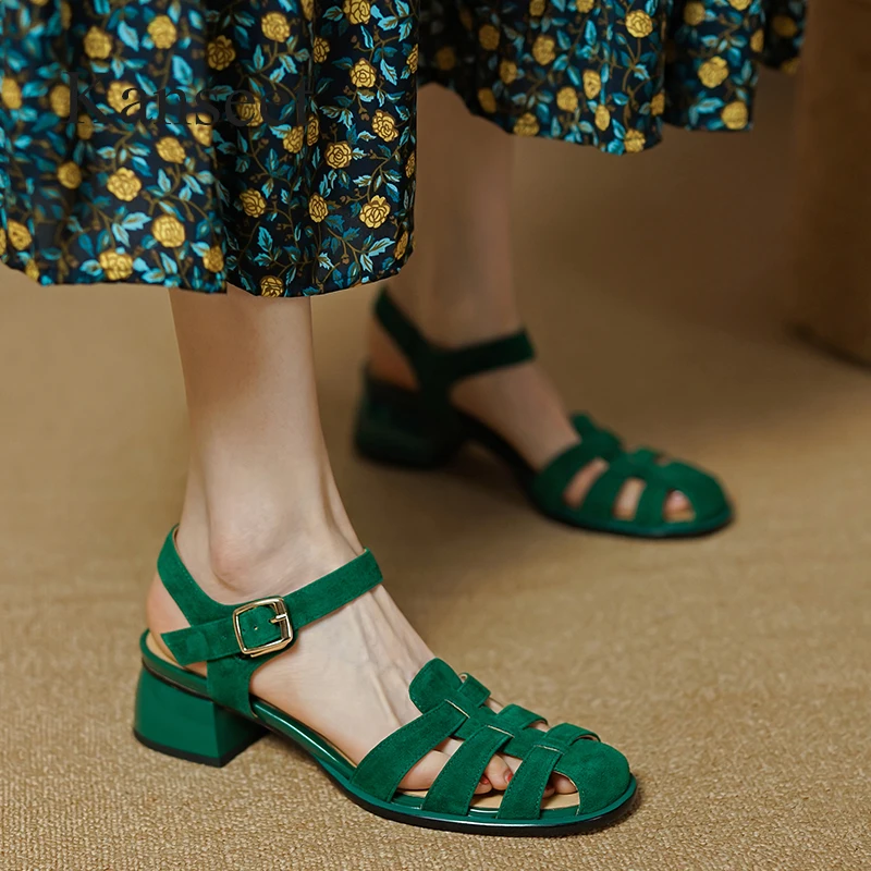 

Kanseet New Arrival Roman Sandals For Women 2023 Summer Green Kid Suede Shoes Handmade Buckle Strap Mid Heels Ladies Footwear 40