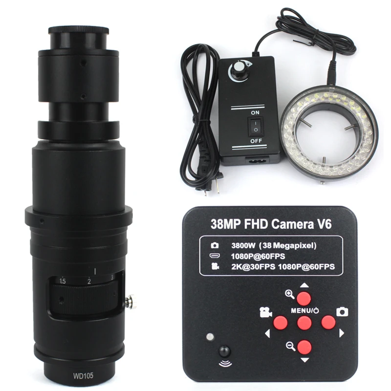 1080P 38Mp Hdmi Usb Industrial Lab Digital Video Microscope Camera + 120X 180X 130X C Mount Lens + 56 Led Ring Lightb Repair