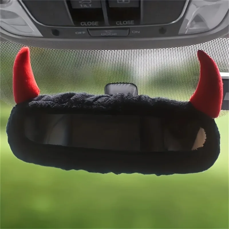 1pc Cute Devil Horn Car Rearview Mirror Cover-Creative Fabric Decoration for Vehicle Interior, for Halloween