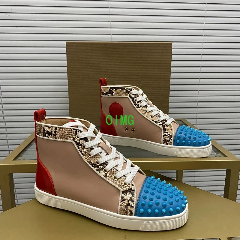 

Red Sole Men Casual Leather Shoes Top Quality Mens Sports Shoes Luxury Brand Women High Shoes Couple Unisex Studded Shoes