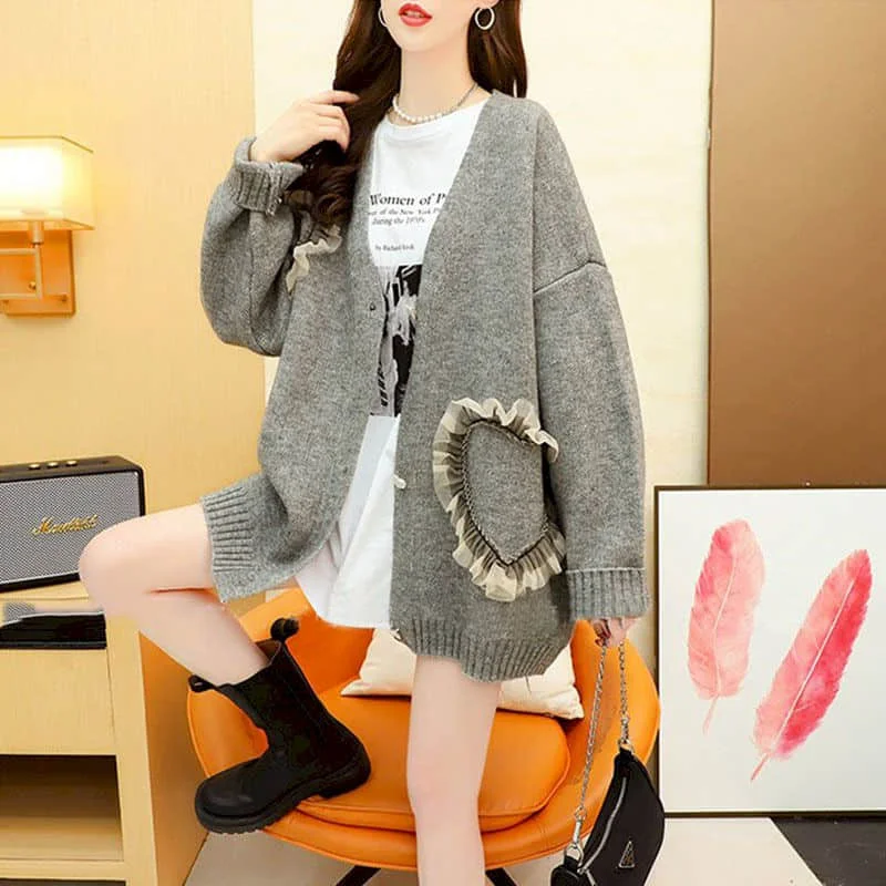

Sweaters Knitted Cardigans for Women Loose Casual Vintage Oversized Lace Design Coats V-neck Korean Style Long Sleeve Women Tops