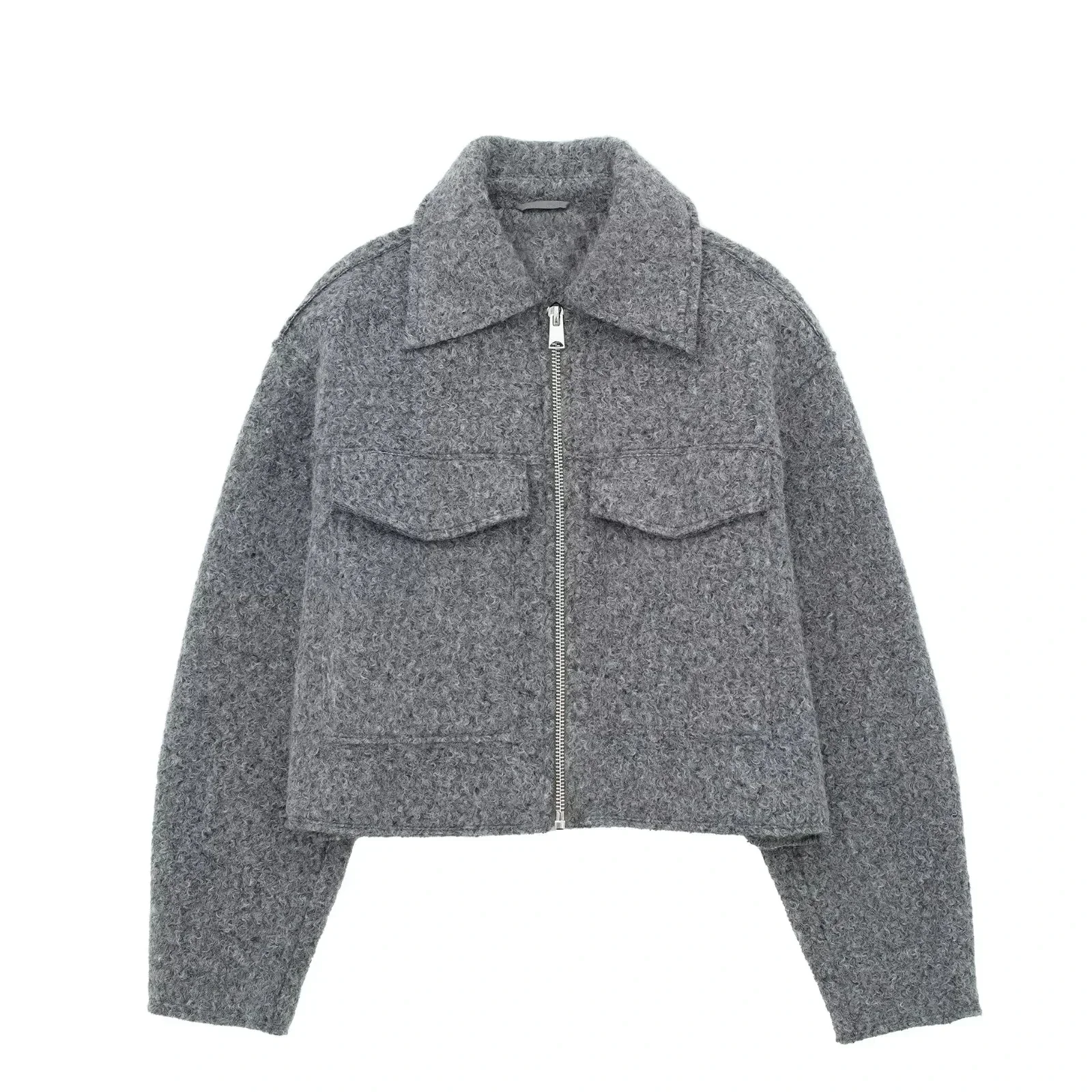 2024 Women's Elegant Solid Coat Zipper Long Sleeve Pocket Bomber Jacket Female Casual Soft Woolen Loose Streetwear Coats 4