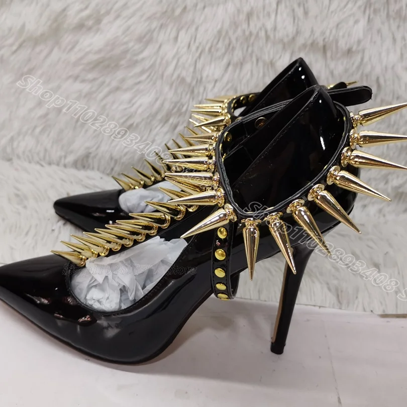 

Black Point Rivet Decor Stiletto Pumps Pointed Toe Ankle Buckle Patent Leather Women Shoes High Heels Shoes Zapatos Para Mujere