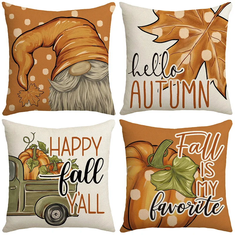 

New Thanksgiving Decorative Dots Cushion Cover Cartoon Gnome Maple Leaves Pumpkin Print Pillowcase Fall Home Decor Pillow Cover